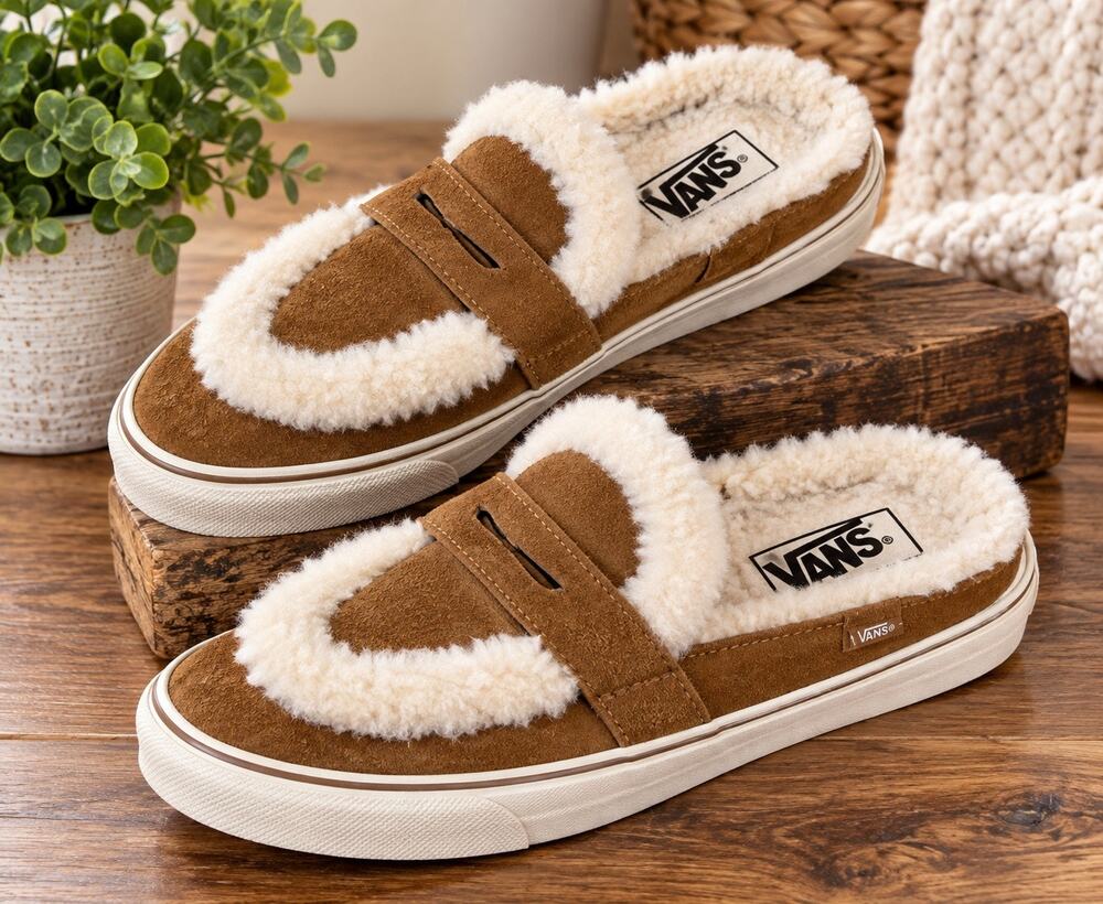 Vans Style 53 Cozy Mule DX Brown Suede Sherpa Penny Loafers Size 7